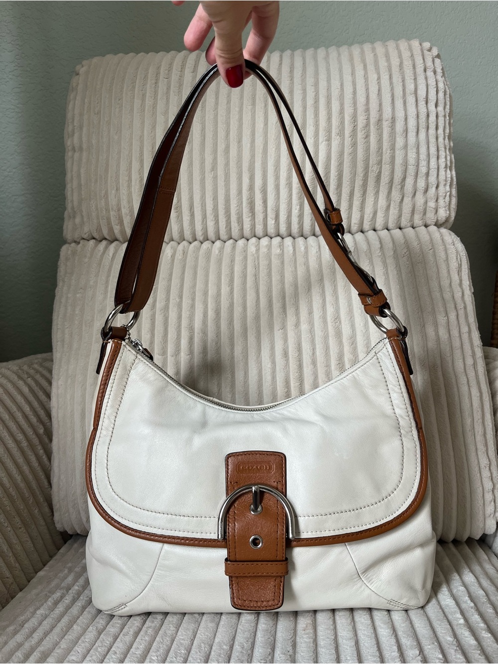 Coach White and Tan Leather Shoulder Bag with Buckle Detail